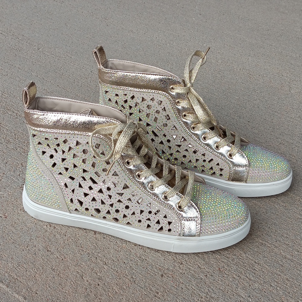 New Sneakers Sparkly Crystal High Top Womens Shoes Lace Up Gold Leather Size 10
